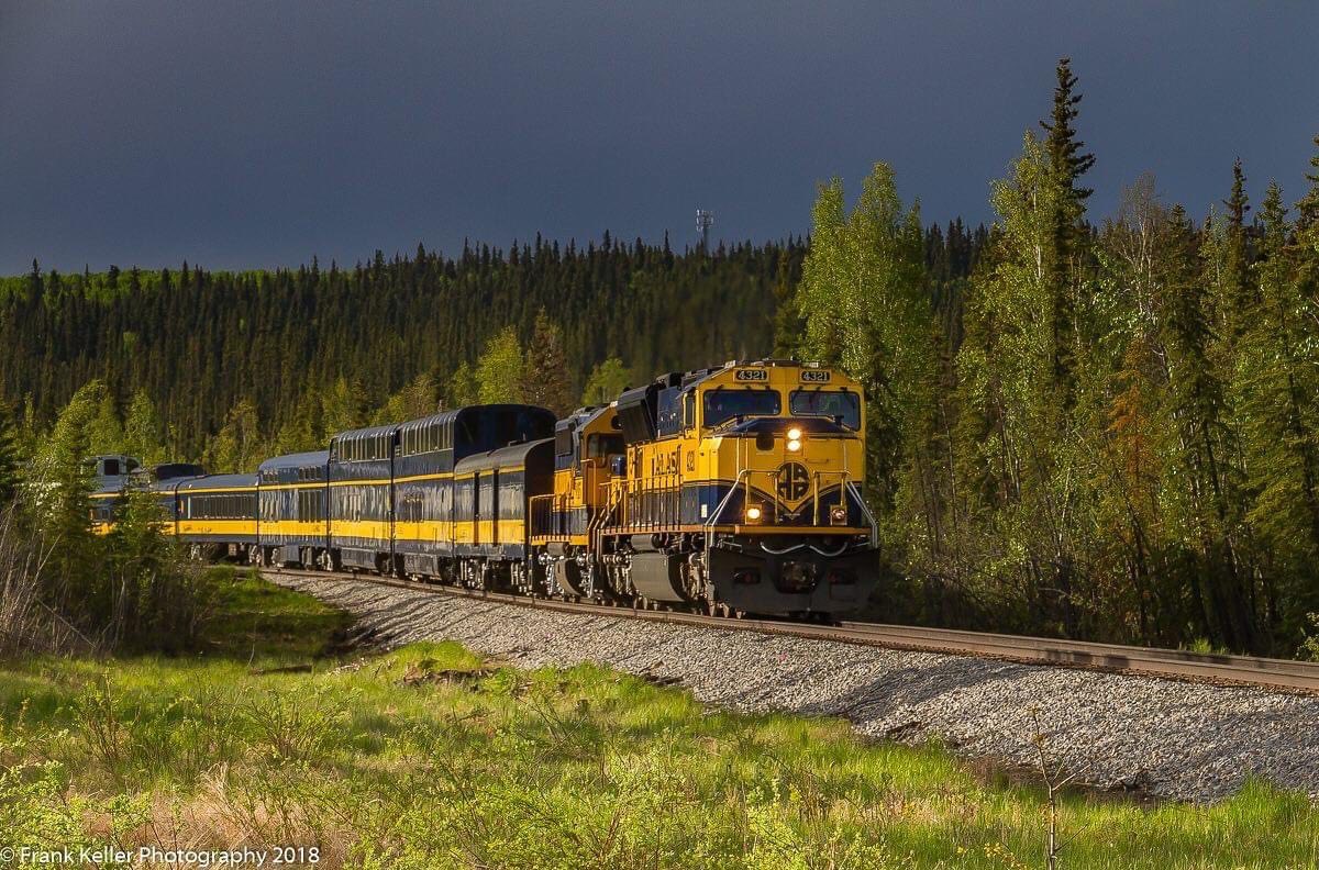 More summer goodness. The northbound Denali Star is minutes from an on time arrival in Fairbanks.