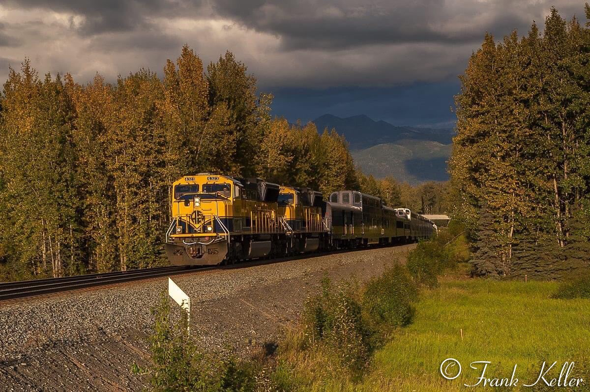 The end of a long 12 hour day is minutes away as the Denali Star rolls through Elmendorf siding and will soon have an on time arrival In Anchorage. 